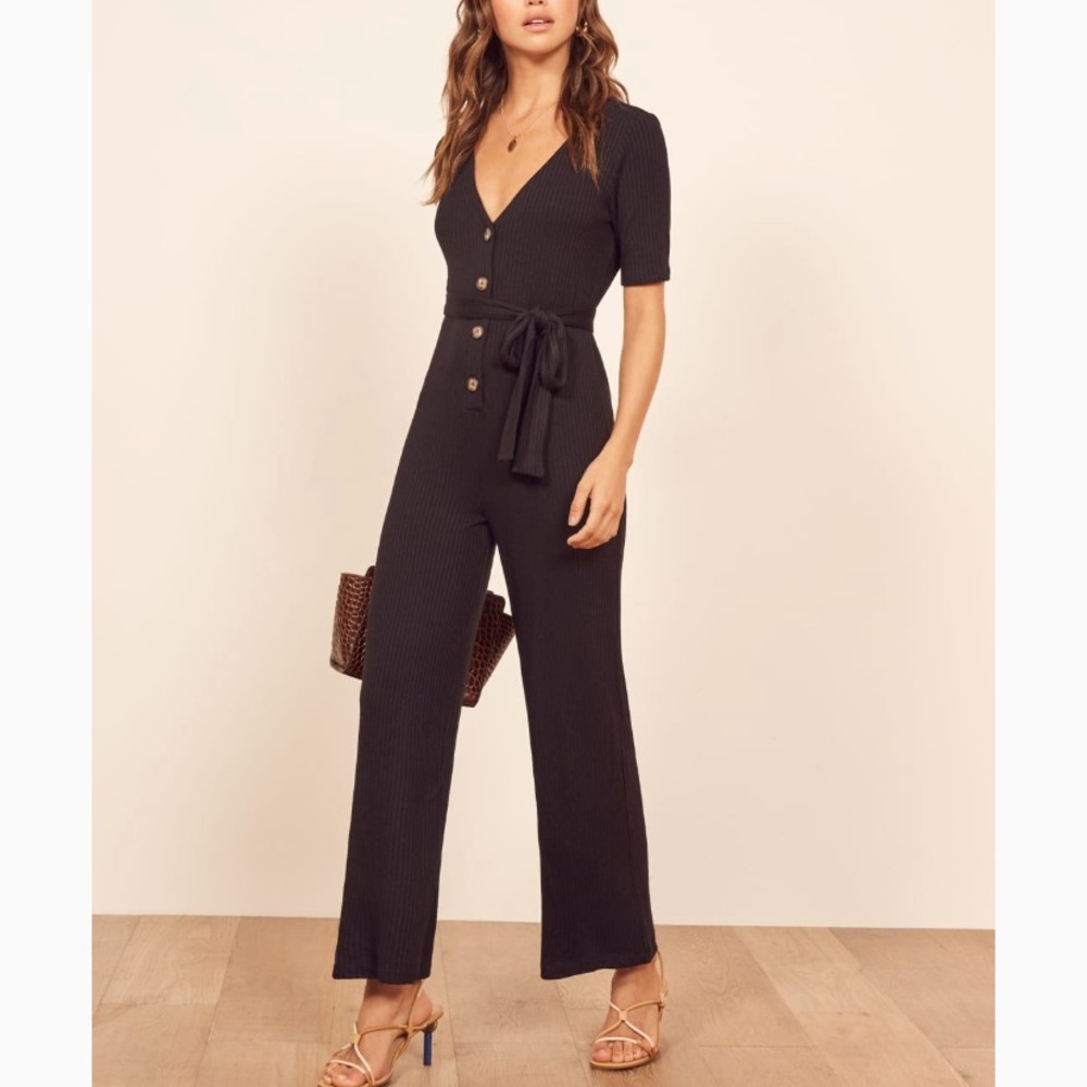 Reformation Women’s Camille Jumpsuit Black Ribbed Lounge Knit Casual XS 0
